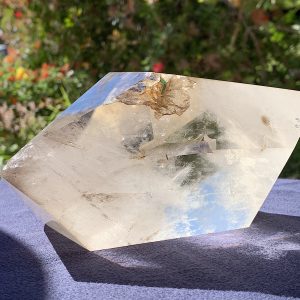 Polished Rainbow Smoky Quartz DT with Green Tourmaline